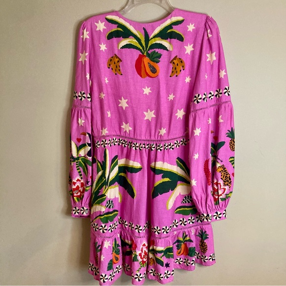 FARM Rio Pink Leopard Forest Mini Dress Linen Blend Beaded Tassels Flowy Size S - Picture 14 of 16
